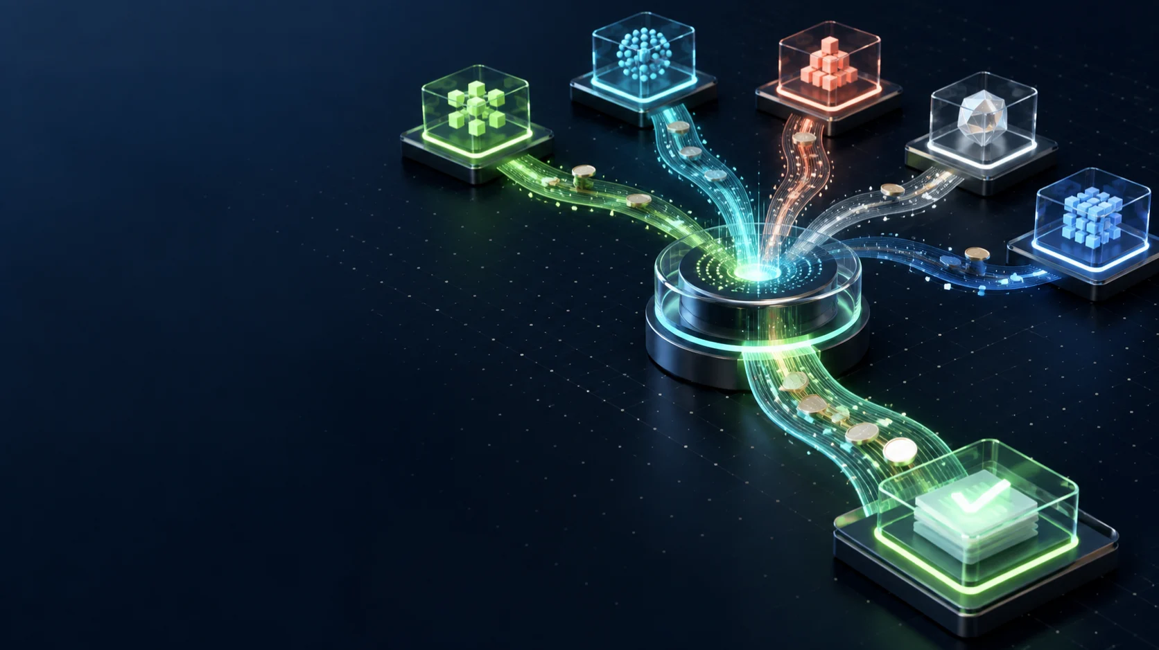 Abstract AI model routes converging into one verified output